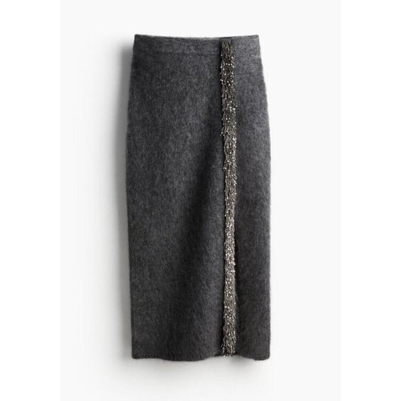 H&M EditionMerino Wool Gray Beaded Midi Skirt XL - Picture 1 of 6